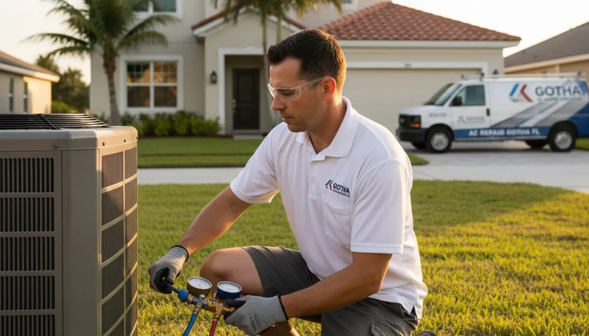 Professional AC repair technician servicing unit in Orlando FL home