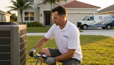 Professional AC repair technician servicing unit in Orlando FL home