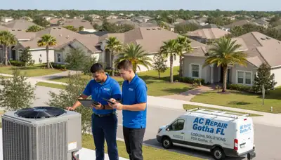Professional AC repair technician servicing air conditioner unit in Orlando FL home
