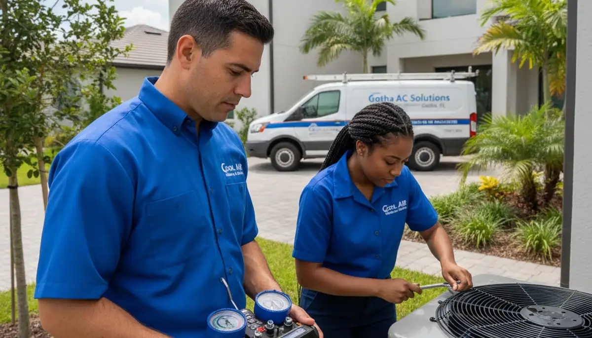 Professional AC repair technician servicing air conditioner unit in Orlando FL home
