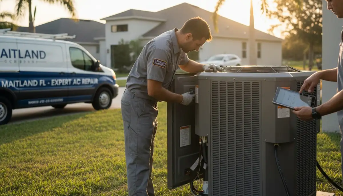 Professional AC repair technician servicing air conditioner unit in Orlando, FL