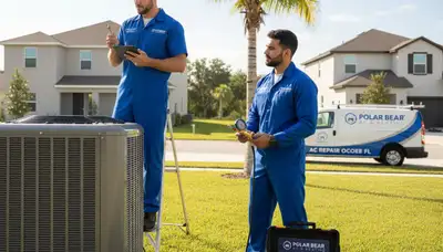 Professional AC repair technician servicing air conditioner unit in Orlando FL home