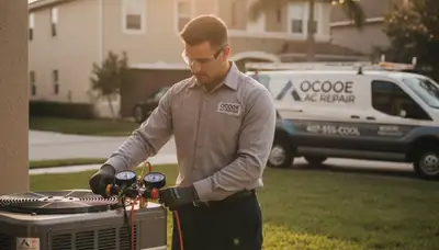 Professional AC repair technician servicing air conditioner in Orlando FL home