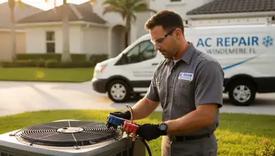 Professional AC repair technician servicing air conditioner unit in Orlando FL home
