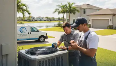 Professional AC repair technician servicing air conditioner unit in Orlando FL home