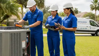 Professional AC repair technician servicing air conditioner unit in Orlando, FL