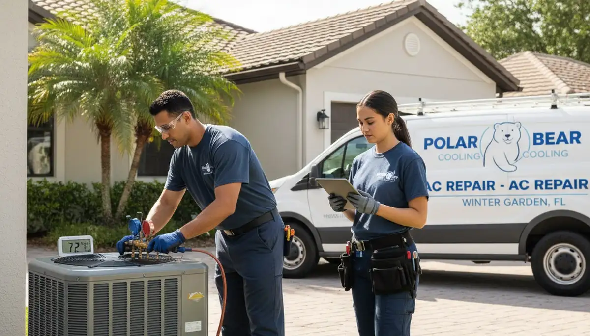 Professional AC repair technician servicing air conditioner unit in Orlando FL home