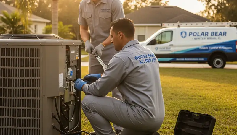 Professional AC repair technician servicing air conditioner unit in Orlando FL