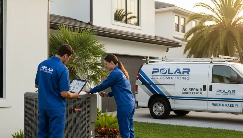 Professional AC repair technician servicing air conditioner unit in Orlando FL home