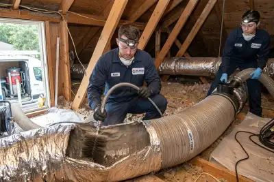 Technicians performing air duct cleaning with vacuum equipment in Orlando FL home for better airflow