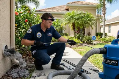 Technician performing professional dryer vent cleaning at Orlando FL home to improve airflow efficiency