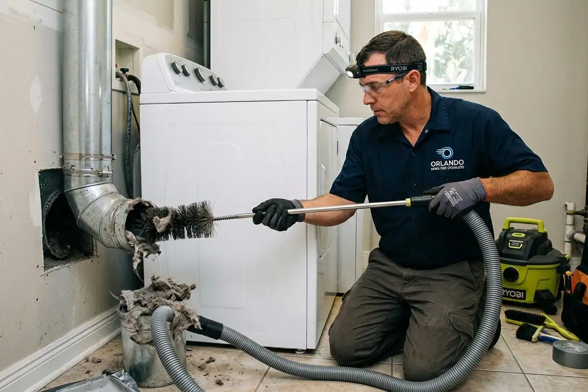 Technician cleaning dryer vent system in Orlando FL for professional AC repair and lint removal service