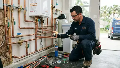 Orlando FL plumber repairing pipes and fixtures for local home plumbing service by Five Star Cooling