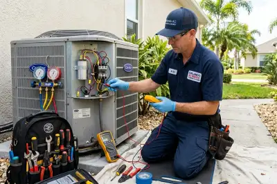 Orlando FL AC technician repairing air conditioning unit with tools during professional cooling service