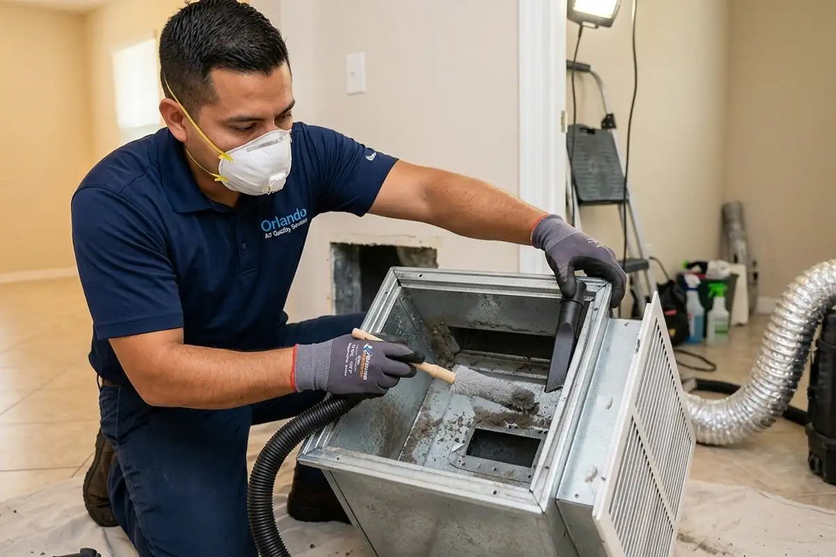 Technician cleaning air ducts and vents for efficient AC performance at an Orlando, FL home