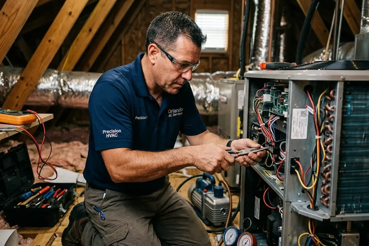 Orlando FL AC technician performing precise internal cooling system repair for optimal performance
