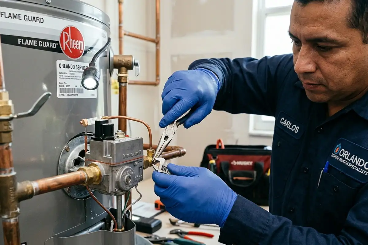 Technician performing precise water heater repair detail work in Orlando FL for reliable home service